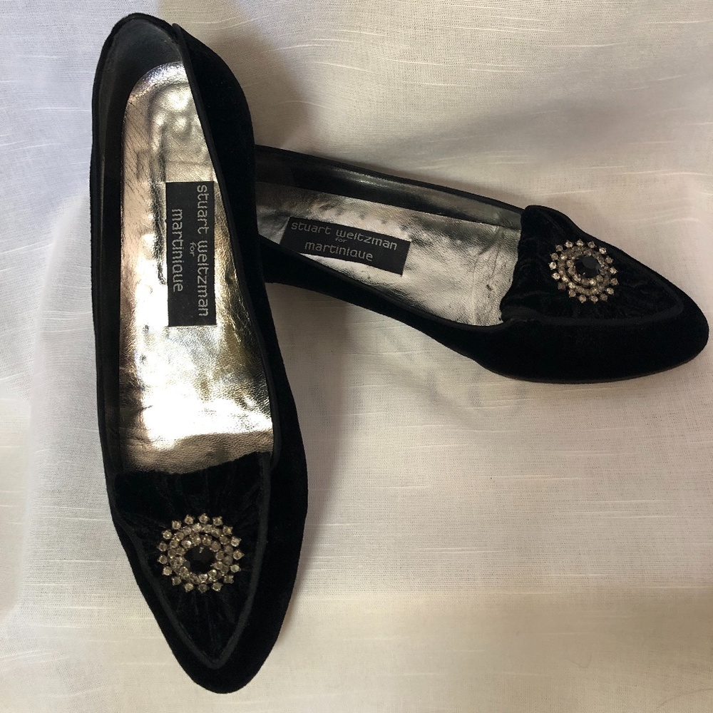 Stuart Weitzman VTG 80s Embellished Black Velvet Flats